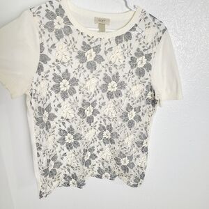 LOFT Ivory & Gray Floral Lace Short Sleeve Sweater, Size Large